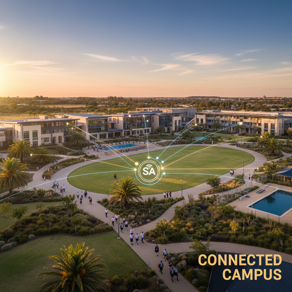 South African school campus with students and modern digital connectivity